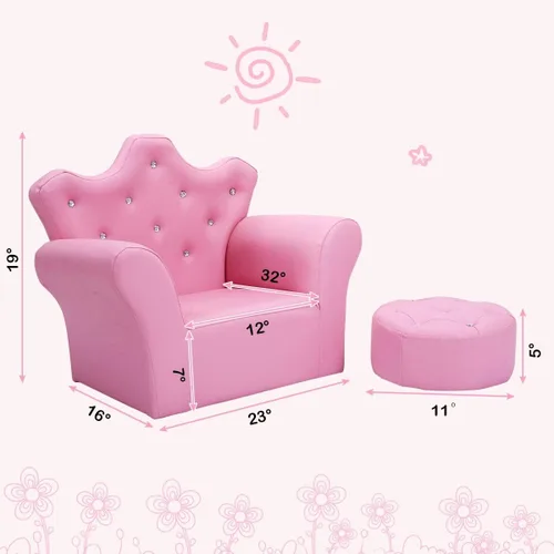 Miniatura 6 de HONEY JOY Sofá para niños, sofá tapizado de princesa con otomana, piel de PVC y cristal incrustado, muebles de dormitorio para bebé niña (rosa)
