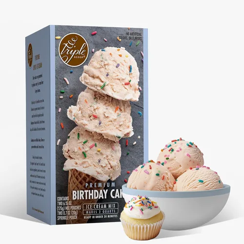 Triple Scoop - Mezcla de helado de pastel de cumpleaños prémium para hacer helados. Simple, fácil, delicioso. De mezcla gourmet a máquina en 5