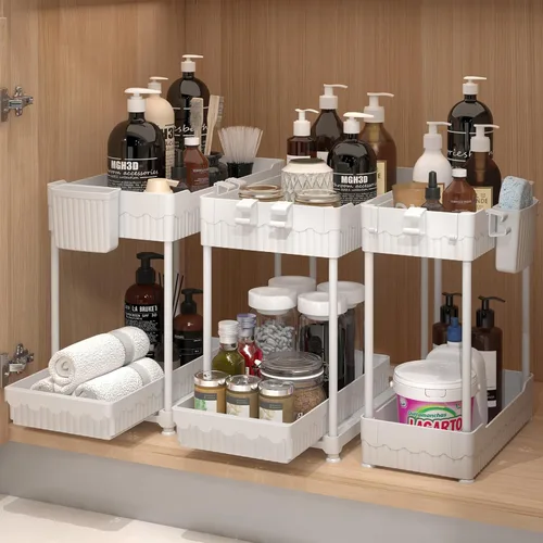 Miniatura 7 de Sevenblue Paquete de 3 organizadores para debajo del fregadero, organizadores multiusos de cocina y baño de 2 niveles y almacenamiento con cajones