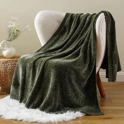 Miniatura 2 de BATTILO HOME Manta de Chenille Verde Oliva para Sofá, Acogedora Manta de Punto para Cama, Sofá, Exteriores, Súper Suave y Cálida, Mantas de Chenille