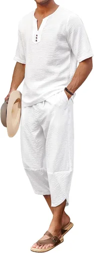 COOFANDY Conjunto de 2 piezas de lino para hombre, camisa Henley de manga corta y pantalones capri harén, pierna ancha, holgados, pantalones de yoga