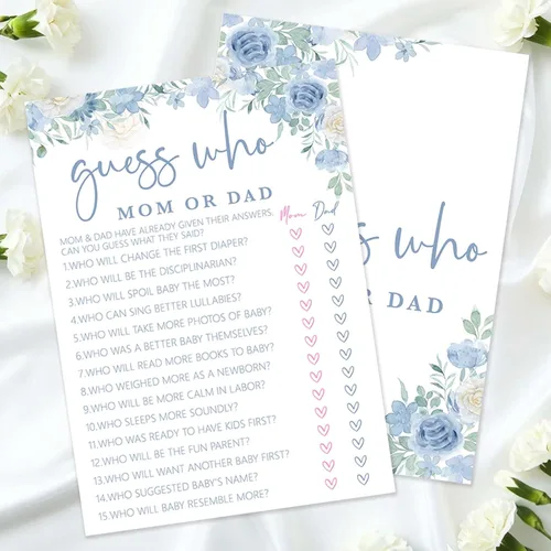Baby in Bloom - Juegos de baby shower, juego de Adivina quién mamá o papá, ideas de decoraciones y favores florales azul de primavera para baby