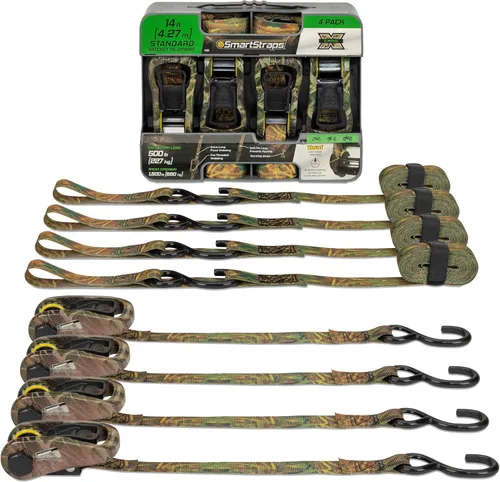 SmartStraps Correas de trinquete Camo X de 14 pies, paquete de 4 correas de trinquete de camuflaje de servicio estándar, resistencia a la rotura de