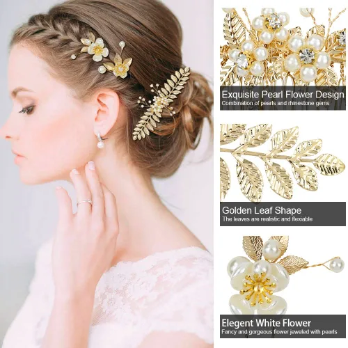 Miniatura 2 de inSowni Paquete de 21 peines laterales para el pelo de boda con hojas doradas y perlas en forma de U, accesorios para novias, damas de honor
