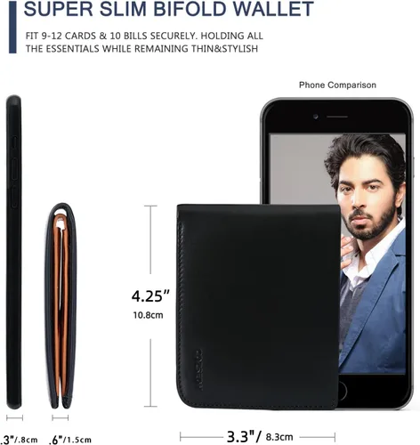 Miniatura 5 de Billeteras delgadas de piel de becerro para hombres con bloqueo RFID, bolsillo frontal de cuero, billetera minimalista plegable de fácil acceso