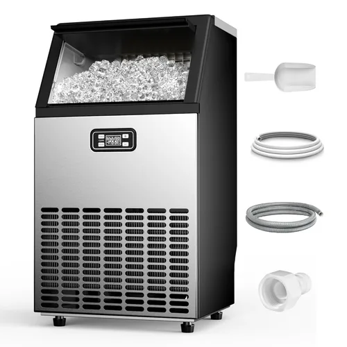 Feelfunn Máquina comercial para hacer hielo - 100 libras/24 horas, capacidad de almacenamiento de 33 libras, máquina de hielo de acero inoxidable