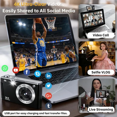 Miniatura 6 de Cámara digital 4K para enfoque automático de fotografía, zoom de 16X, cámara digital compacta portátil de 50 MP para apuntar y disparar, cámaras