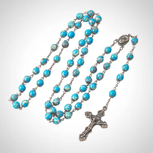 Miniatura 4 de Nazareth Store Collar de cuentas de jaspe azul océano con diseño vintage natural, medalla de suelo sagrado y cruz crucifijo rosarios religiosos