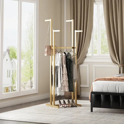 Miniatura 7 de Percheros Dorados para Ropa, Perchero de Metal con 4 Brazos Rectos, Perchero de Pie para Colgar Ropa Resistente, 46" a 63" de Altura Ajustable