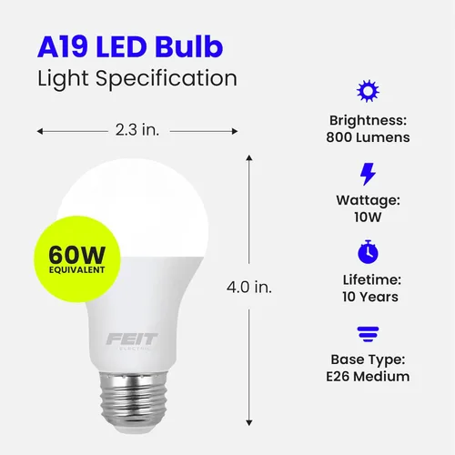 Miniatura 2 de Feit Electric Bombilla LED A19, equivalente a 60 W, base media E26, 800 lúmenes, blanco neutro 3500 K, bombilla estándar no regulable, vida útil
