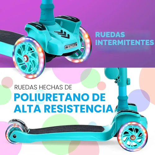 Miniatura 4 de Hurtle Patinete de 3 ruedas para niños, luces LED de ruedas, manubrio ajustable de inclinación para dirigir y asiento plegable, paseo sentado