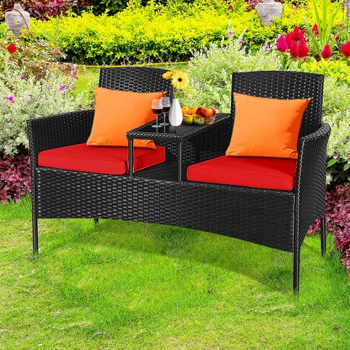 Miniatura 7 de LDAILY Juego de conversación para patio, sofá biplaza de ratán moderno, juego de muebles para exteriores con cojines y mesa extraíbles, juego de Rojo