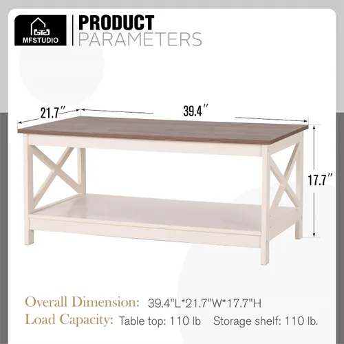 Miniatura 2 de MFSTUDIO Mesa auxiliar de granja con estante de almacenamiento abierto, mesa central de madera de 2 niveles para sala de estar, mesa de cóctel