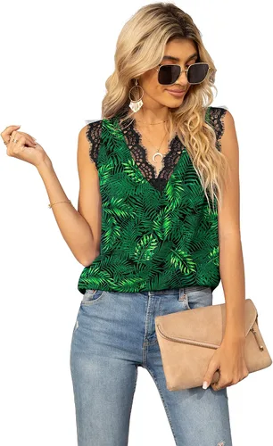 Miniatura 247 de VIISHOW - Camiseta sin mangas, sexy, con cuello en V y bordes de encaje para mujer, camisola de vestir, camisas de gasa, sin mangas, casuales