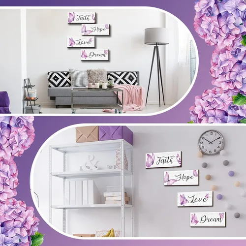 Miniatura 5 de Gerrii 4 piezas de decoración de pared de fe, esperanza, amor, sueño, elegante, primavera, mariposa, madera, decoración para colgar en la Morado