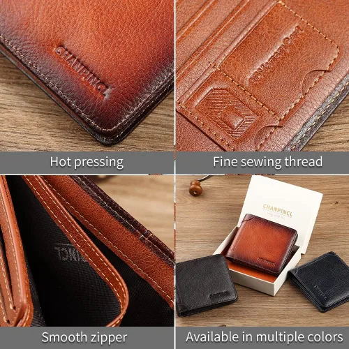 Miniatura 25 de Billetera de piel triple con bloqueo RFID para hombre con 2 ventanas de identificación, 2 compartimentos para efectivo, 6-8 ranuras para tarjetas
