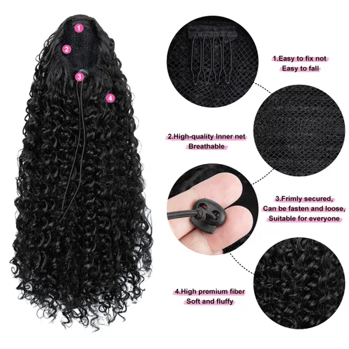 Miniatura 4 de Extensión de cabello corto negro con cordón para mujeres negras, cola de caballo recta de 14 pulgadas con rizos finales, postizos sintéticos