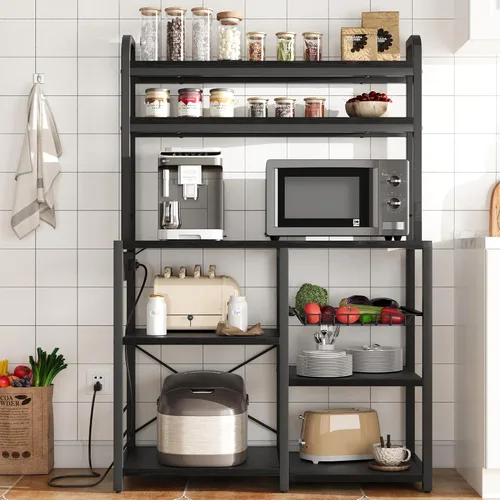 Miniatura 2 de IDEALHOUSE Estante para panaderos con toma de corriente, barra de café con cajón de alambre, soporte industrial para microondas, mesa de buffet