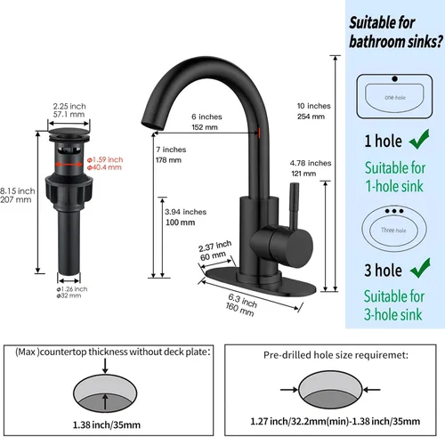 Miniatura 4 de Grifo de Lavabo de Baño Negro Mate de Un Solo Orificio, Grifo de Baño Moderno de Una Sola Manija Grifo de Barra de Acero Inoxidable Comercial Grifo