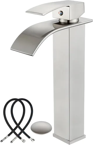 Midanya Grifos altos de lavabo de cascada para lavabo, lavabo, lavabo de una sola manija, 1 agujero, moderno, con mangueras de drenaje emergentes y