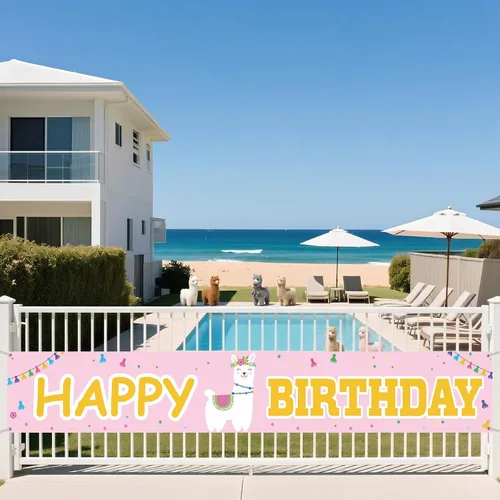 Miniatura 6 de Cartel de llama alpaca con texto en inglés «Happy Birthday» de color rosa, bonito telón de fondo para decoración de patio, niña, niño, princesa