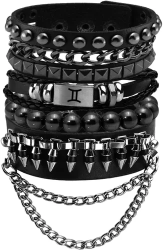 Miniatura 10 de Eigso Pulseras de cuero punk para hombres y mujeres, estilo retro de los años 80, hematita y rock, juego de pulseras de metal ajustables para hombre