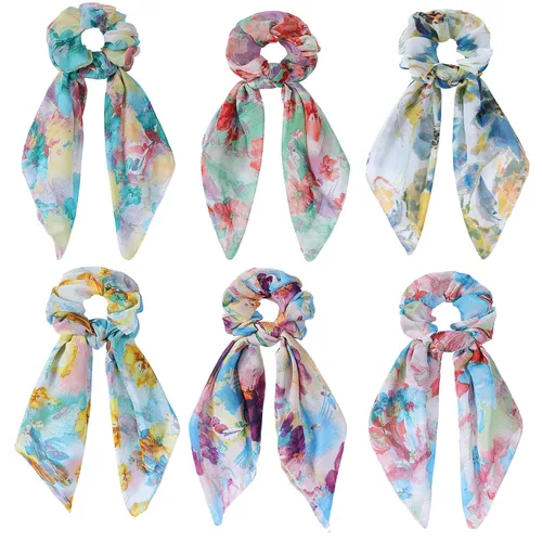 Miniatura 6 de Bufanda para el cabello, coleta de caballo con 6 bufandas, estampado de flores de cachemira, material de gasa, para mujeres y niñas, accesorios