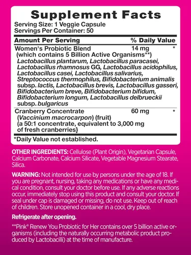 Miniatura 2 de PINK Probióticos para mujeres Cápsulas de apoyo para la salud digestiva más arándano 50 unidades Suplemento vegetariano, sin OMG y sin gluten