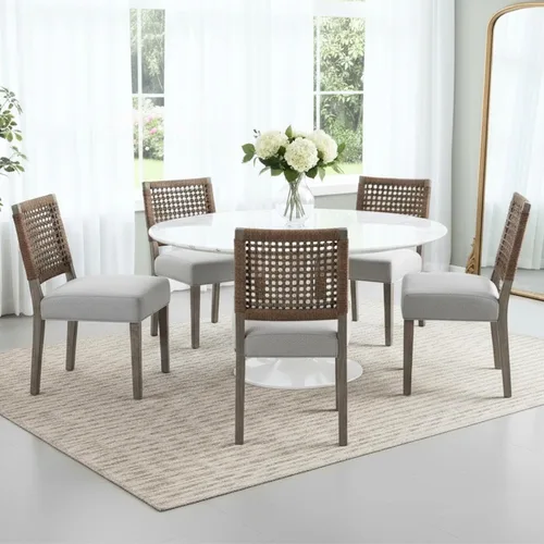 Miniatura 10 de Juego de 2 sillas de comedor de granja, sillas de comedor tapizadas con respaldo tejido a mano, asiento acolchado suave y patas de madera Beige