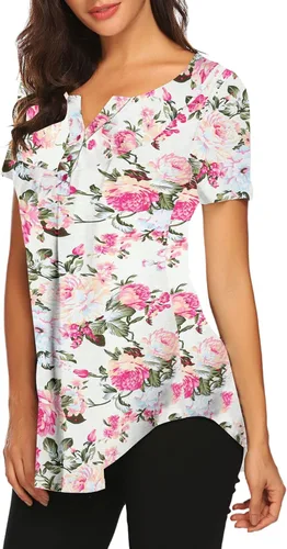 Miniatura 2 de Blusón plisado de manga corta con estampado floral y cuello Henley en V para mujer, con vuelo.