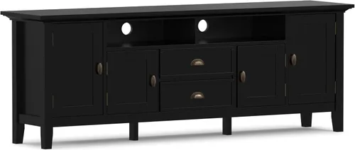 SIMPLIHOME Redmond - Soporte para TV, consola multimedia de madera maciza de 72 pulgadas de ancho en negro, centro de entretenimiento de transición