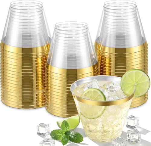 Miniatura 13 de Nervure 120 vasos de plástico con purpurina dorada, vasos de plástico resistentes de 9 onzas, vasos desechables dorados para bodas, Acción