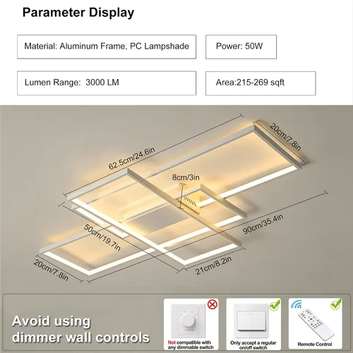 Miniatura 4 de GEADI Lámpara de techo moderna regulable, lámpara de techo LED blanca de 35.4 pulgadas con control remoto, accesorio de iluminación rectangular