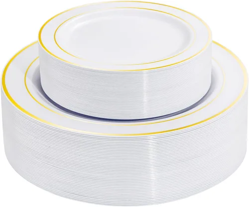 Miniatura 8 de 102 platos desechables de plástico de color café dorado con diseño de encaje, sin bisfenol A, lo que incluye: 51 platos llanos de 10.25 pulgadas