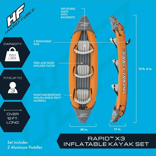 Miniatura 2 de Bestway Hydro-Force Rapid X3 - Juego de kayak inflable de 12 pies 6 pulgadas x 39 pulgadas, se adapta a hasta 3 personas, incluye 2 paletas