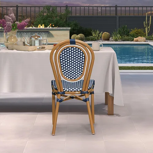 Miniatura 57 de PURPLE LEAF Juego de 1 silla de comedor al aire libre, marco de aluminio francés en acabado de bambú con ratán tejido ámbar y blanco para cocina