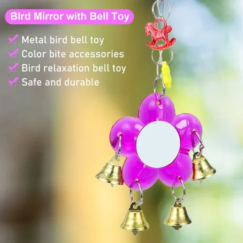 Miniatura 3 de Juguete de espejo de pájaro colgante Campana de timbre colorido columpio jaula de juguete con sonido dulce para loro pequeño mediano periquito