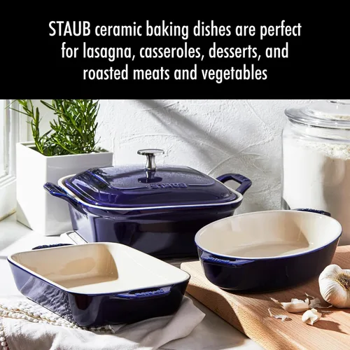 Miniatura 2 de STAUB Juego de 4 sartenes de cerámica para hornear, cacerola con tapa, sartén para brownies, azul oscuro