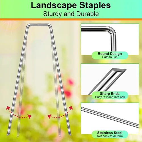 Miniatura 4 de 25 grapas de paisaje, estacas galvanizadas en forma de U de 6 pulgadas, alfileres de jardín, picos de tierra para césped y patio, estacas de tela 25