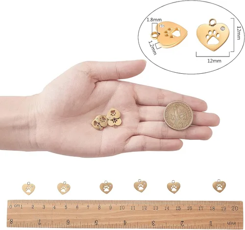 Miniatura 2 de Airssory 10 piezas de corazón de acero inoxidable chapado en oro con perro gato cachorro huella huella huella impresa mascota encantos con cristal