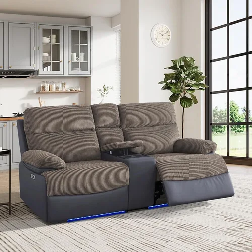 Miniatura 35 de Juego de 3 piezas para sala de estar, sofá reclinable eléctrico de cuero con puertos USB, iluminación LED y portavasos, asientos de cine en casa