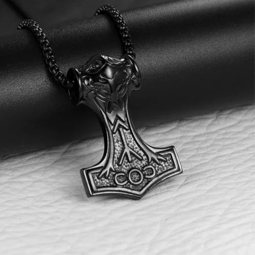 Miniatura 6 de Collar con colgante de martillo Thors Mjolnir de acero inoxidable con nudo celta negro con cadena de 220 in