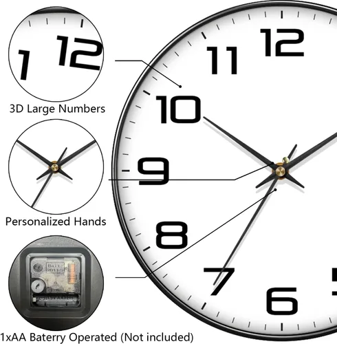 Miniatura 6 de Reloj de pared moderno de 8 pulgadas que funciona con pilas, reloj analógico de cuarzo silencioso sin tictac con números grandes, reloj de pared