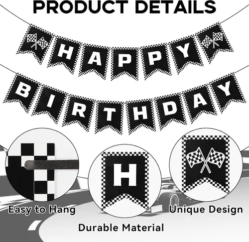 Miniatura 5 de Cartel de feliz cumpleaños de coche de carreras, decoraciones de fiesta de coche de carreras, bandera a cuadros en blanco y negro, bandera de fiesta