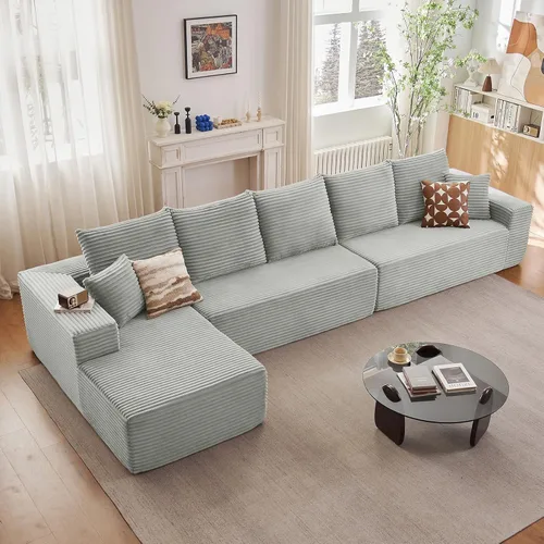 Miniatura 49 de Sofá seccional modular de 96", sofá en forma de L tipo nube sin estructura con chaise lounge, tapizado de pana con asiento profundo de espuma Negro