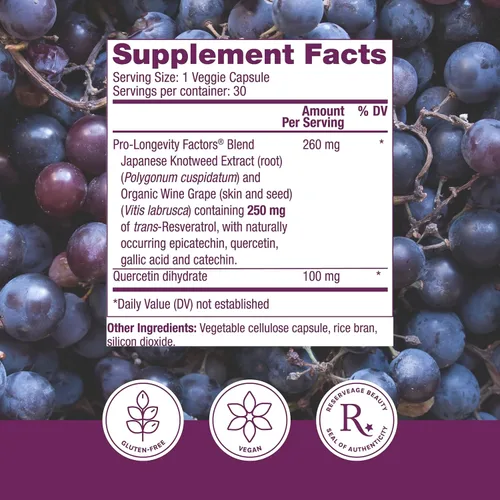 Miniatura 2 de Reserveage Beauty, Resveratrol 250 mg, suplemento antioxidante para la salud cardíaca y celular, apoya el envejecimiento saludable y el sistema