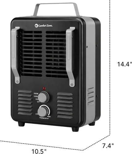 Miniatura 6 de Comfort Zone Calentador eléctrico portátil de 1,500 vatios estilo Milkhouse con termostato ajustable, protección contra sobrecalentamiento e Negro
