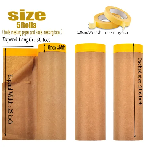 Miniatura 3 de Juego de Papel de Enmascaramiento Precintado y Cinta Adhesiva para Pintura, 3 Rollos de 22 Pulgadas a 50 Pies de Papel para Pintores y 2 Rollos