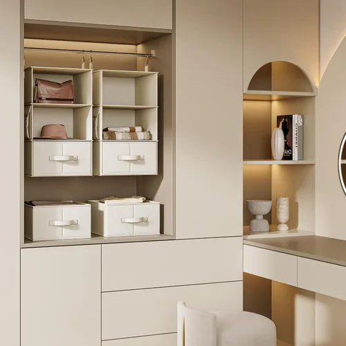 Miniatura 8 de Vailando Organizador de Armario Colgante de 3 Estantes, Juego de 2 Estantes Colgantes con 2 Cajones para Vestidor, Guardería, Almacenamiento y Beige