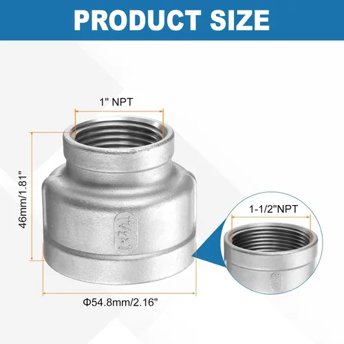 Miniatura 2 de HARFINGTON Acoplamiento Reductor 1-1/2" x 1" NPT Roscado Hembra 304 Acero Inoxidable Reductor Cónico Conexión de Tubería Fundida Adoptado para Tubo